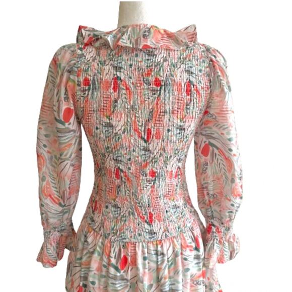 Vestique Dress Sammie Peach Green Floral Smocked V-Neck Mini Dress Small NEW - Picture 5 of 13
